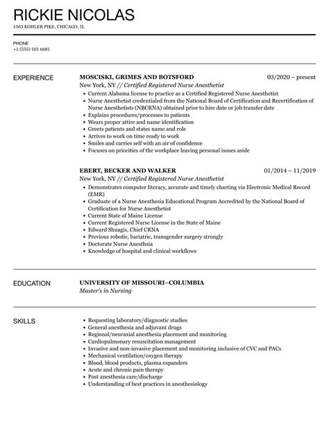 Certified Registered Nurse Anesthetist Resume Samples Velvet Jobs