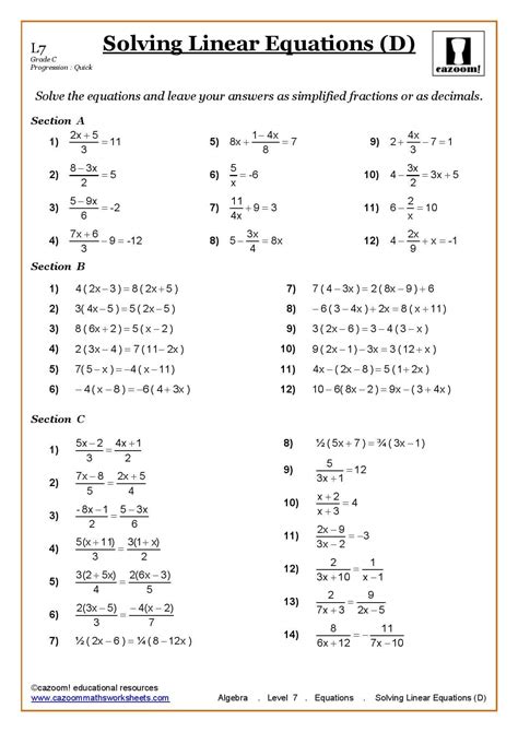 Math Worksheets For Grade 7 Linear Equations