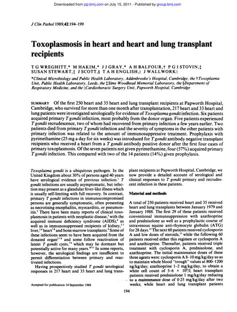 Pdf Toxoplasmosis In Heart And Heart And Lung Transplant Recipients