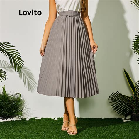 Lovito Elegant Plain Pleated Belted Side Zip Skirt For Women LBL09016