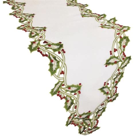 Holiday Holly Embroidered Cutwork Christmas Table Runner