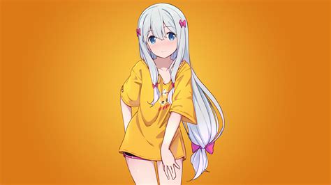 デスクトップ壁紙 アニメの女の子 白い肌 Kawaii Girl サギリ・イズミ エロマンガ先生 白髪 黄 オレンジ