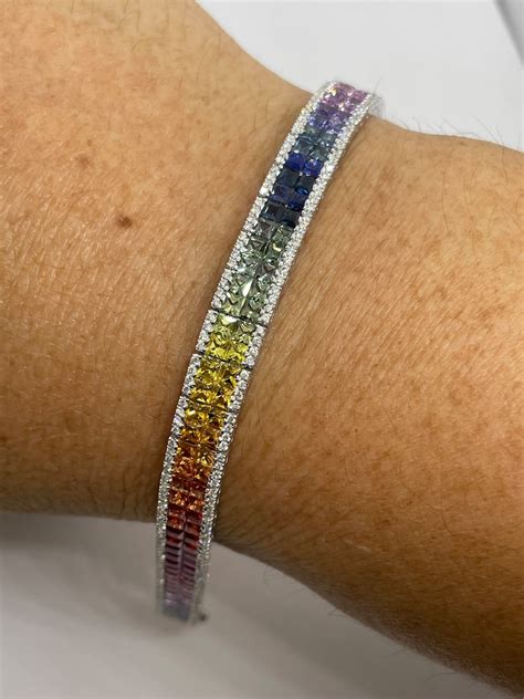 Rainbow Sapphire Tennis Bracelet K White Gold Rainbow Etsy