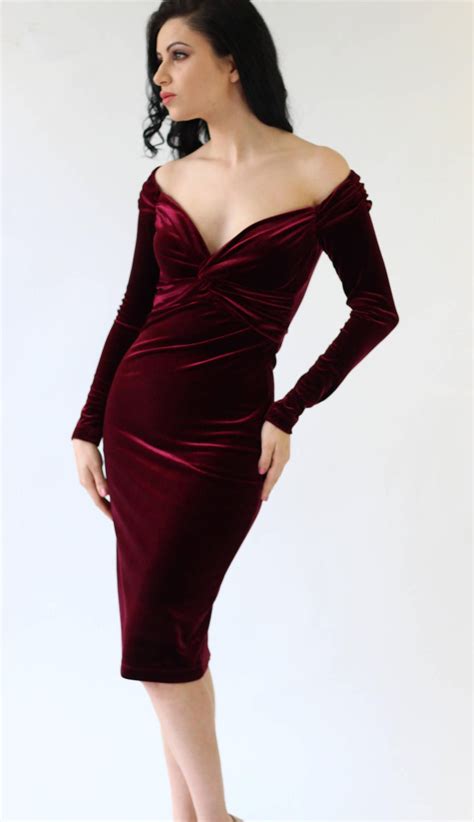 Cocktail Dress Burgundy Velvet Dress Midi Dress Evening Dress Party