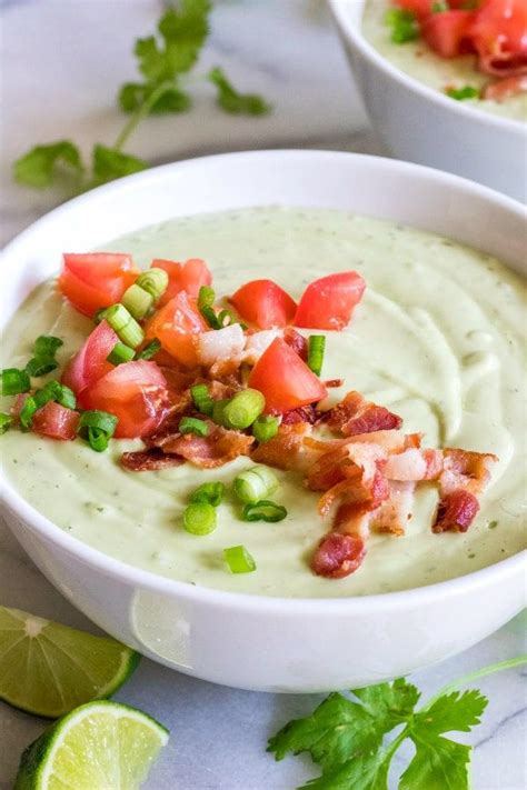 Chilled Avocado Soup Recipe With Tomato And Bacon Garnish