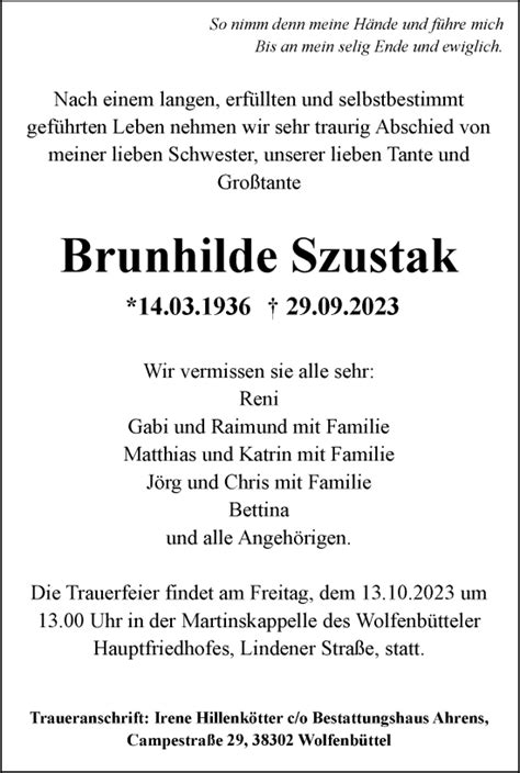 Traueranzeigen Von Brunhilde Szustak Trauer38 De