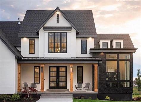 Farmhouse Home Exterior White Siding Black And White Exterior