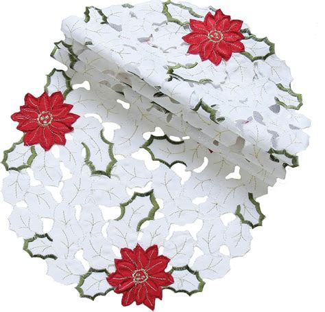 Xia Home Fashions Holiday Poinsettia Embroidered Cutwork Round Christmas Doilies 8