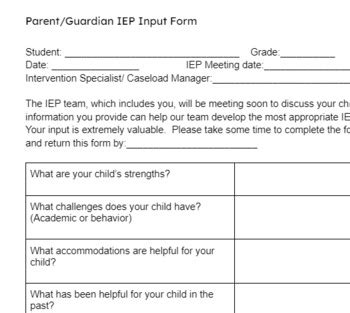 Parent IEP Input Form By LWL Learn With Lindsay TPT