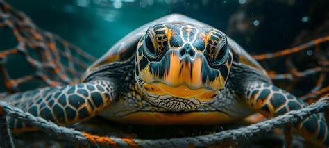 Premium Photo Majestic Sea Turtle Trapped In Marine Debris Underwater