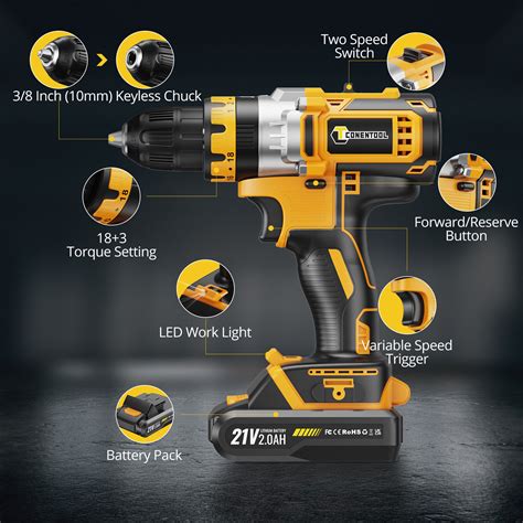 21v Cordless Hammer Drill Set Electric Impact Driver Screwdriver 1 2