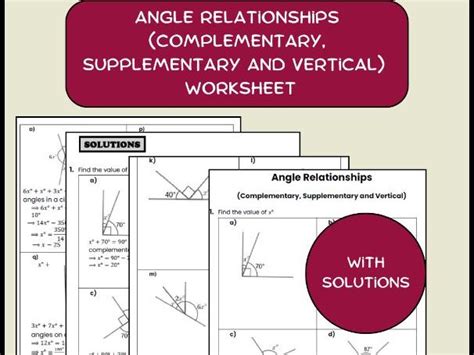 Angle Relationships Complementary Supplementary And Vertical Worksheet Teaching Resources