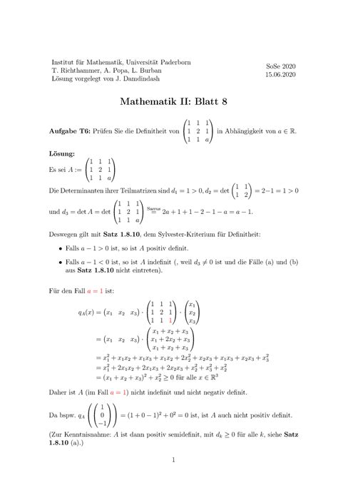 Blatt 8 Lösung Nr 6 Institut für Mathematik Universität Paderborn T