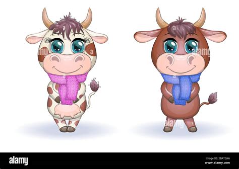 Cute cartoon couple cow and bull with scarves with beautiful big eyes ...