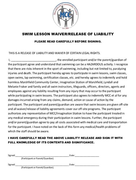 Fillable Online SWIM LESSON WAIVER RELEASE OF LIABILITY Fax Email Print