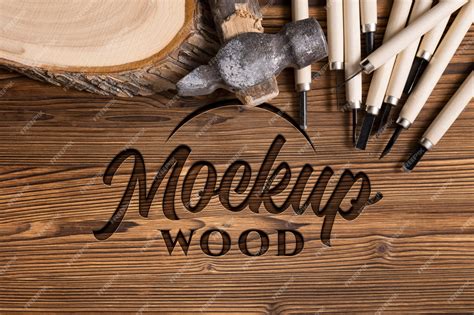 Premium Psd Mock Up Logo With Engraved Effect On Wood And Tools