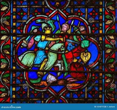 Stained Glass in Notre Dame, Paris of a Medieval Battle Stock Photo