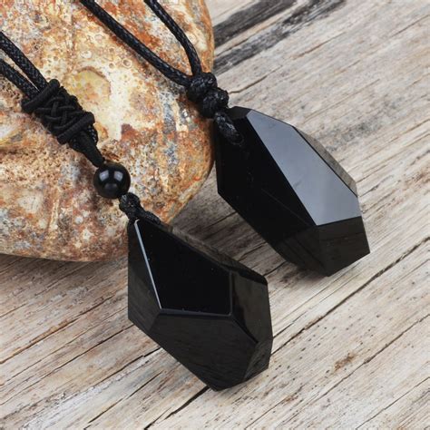 Black Obsidian Pendant Necklacenatural Obsidian Stone Etsy