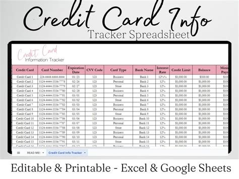 the printable credit card info tracker spreadsheet is shown in black ...