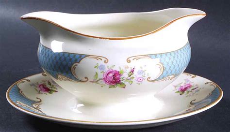 Staffordshire Rose Blue Gravy Boat With Attached Underplate By Myott