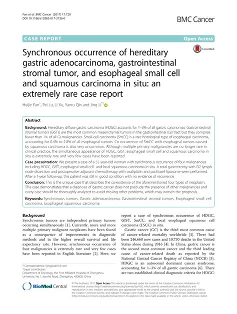 PDF Synchronous Occurrence Of Hereditary Gastric Adenocarcinoma