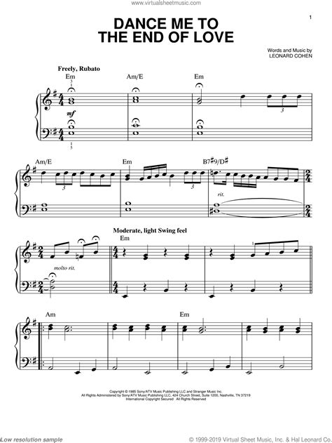 Dance Me To The End Of Love Sheet Music For Piano Solo PDF