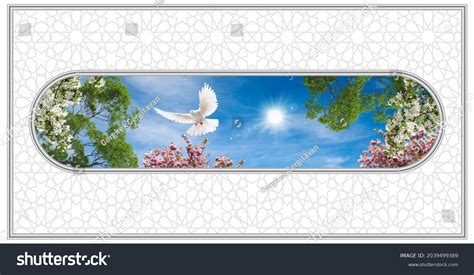 Spring Branches And Flying Doves In Sunny Sky Background Ceiling Over