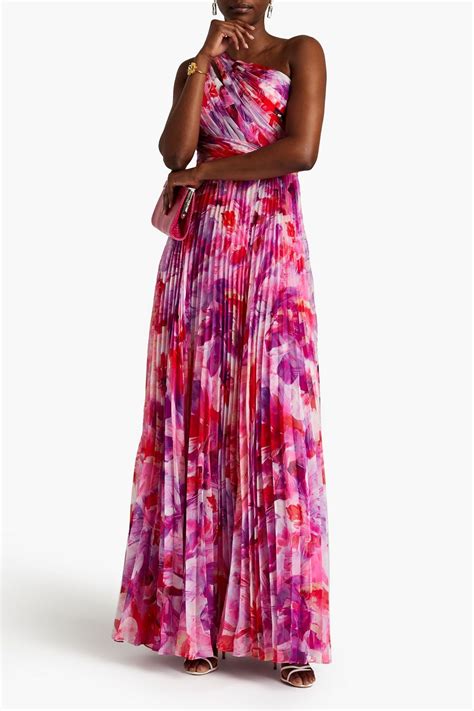 Marchesa Notte One Shoulder Pleated Floral Print Chiffon Gown The Outnet