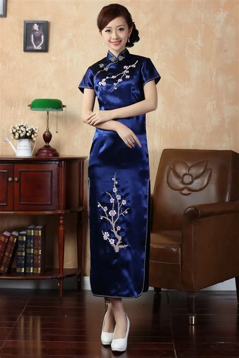 High Fashion Navy Blue Female Satin Qipao Long Cheongsam Chinese