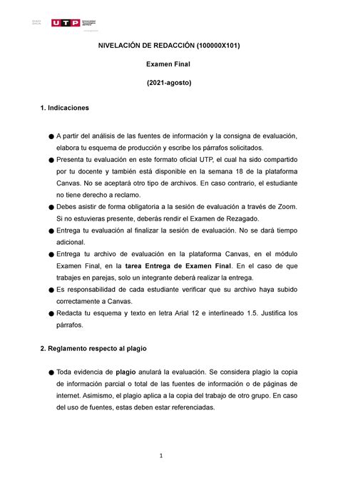 Examen Final Formato Oficial Utp Nivelaci N De Redacci N