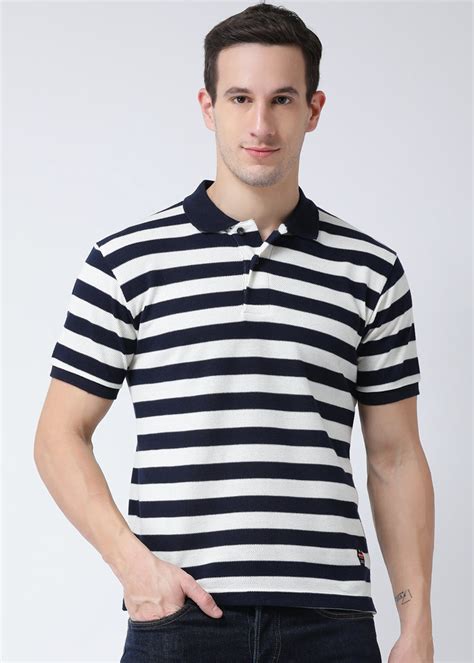 Get Navy White Striped Half Sleeves T Shirt At Lbb Shop