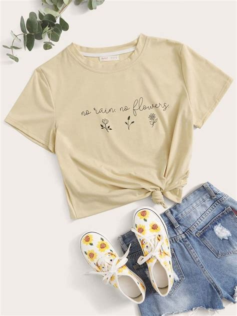 Camiseta Con Estampado De Letra Y Flor Romwe En 2020 Camisetas