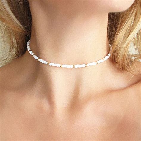 Gold Seed Bead Choker White Beaded Necklace Seed Bead Etsy