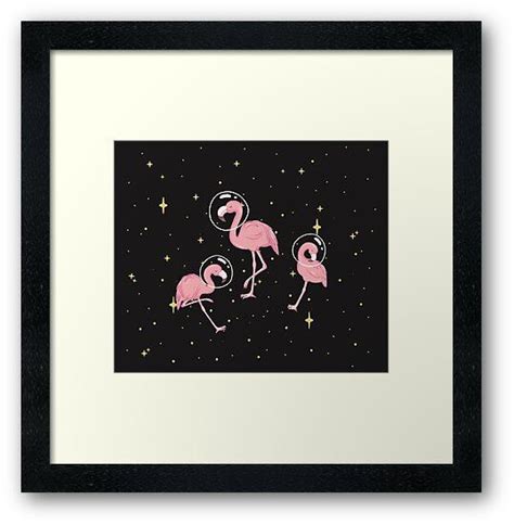 Three Pink Flamingos Dancing In The Night Sky Framed Art Print On Black