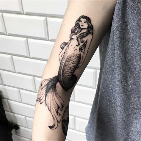 Blackwork Mermaid Tattoo Inked On The Right Forearm Mermaid Sleeve Tattoos Mermaid Tattoos