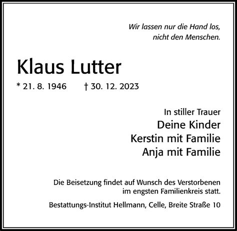 Traueranzeigen Von Klaus Lutter Trauerportal Der Celleschen Zeitung