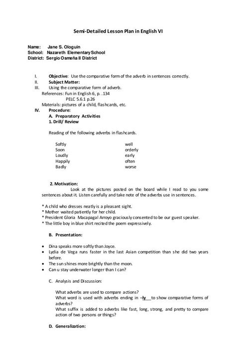 Lesson Plan Semi Detailed Lesson Plan Adverb I Hot Sex Picture