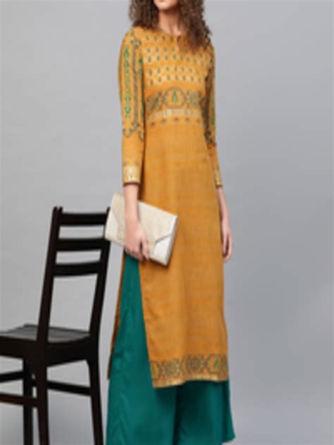 Buy Libas Women Mustard Yellow And Golden Block Print Straight Kurta Kurtas For Women 11066082