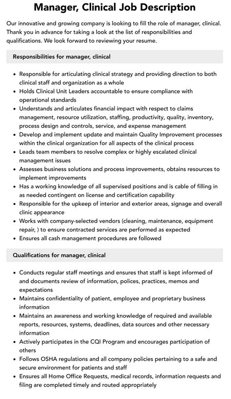 Manager Clinical Job Description Velvet Jobs