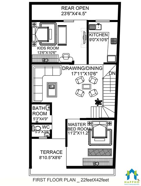 22 X 42 Modern House Plan Design 3 BHK Plan 008 Happho