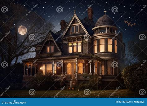 Victorian House, with View of the Moon and Stars in the Night Sky Stock ...