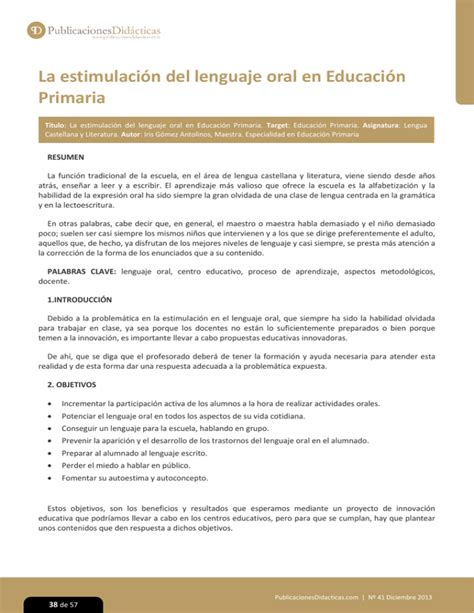 La Estimulaci N Del Lenguaje Oral En Educaci N Primaria