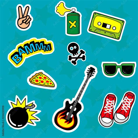 Fashion patch stickers badges with skull, love, boom, glasses, peace, bomb, guitar, pizza ...