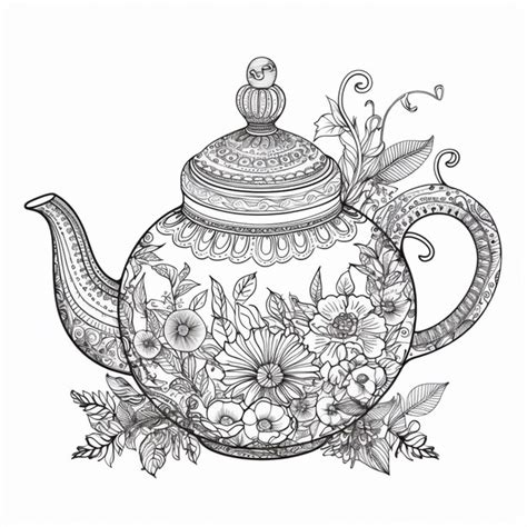 Premium AI Image A Drawing Of A Teapot With Flowers And Leaves On It