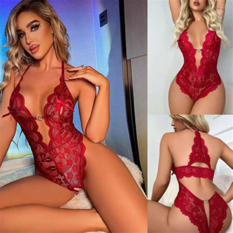 Red Women S Open Crotch Teddy Lingerie One Piece Floral Lace Bodysuit