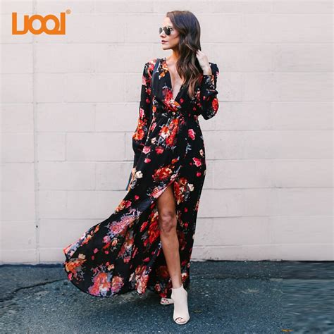 Herbst Boho Floral Drucken Sexy Tiefer V Ausschnitt Langarm Maxi Kleid