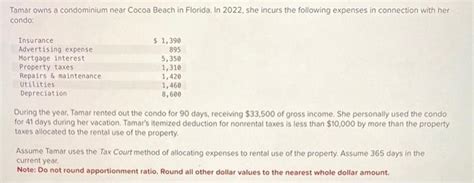 Tamar Owns A Condominium Near Cocoa Beach In Florida Chegg