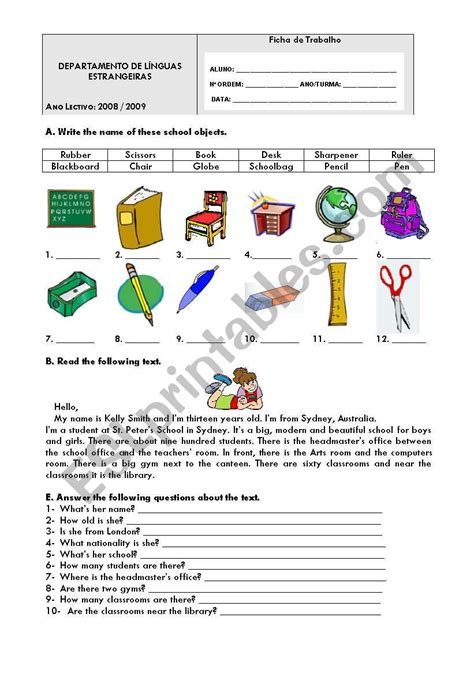 School objects + reading comprehension - ESL worksheet by ladybug