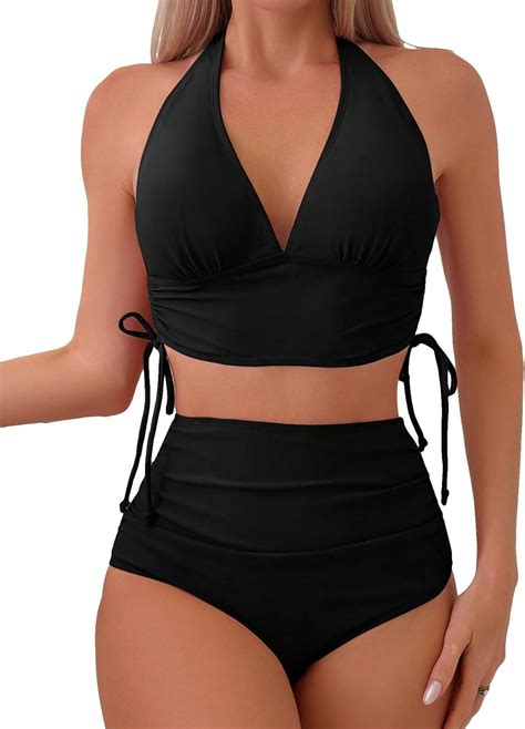 Amazon Shenhe Women S High Waisted Drawstring Side Bikini Sets Piece Halter Swimsuits