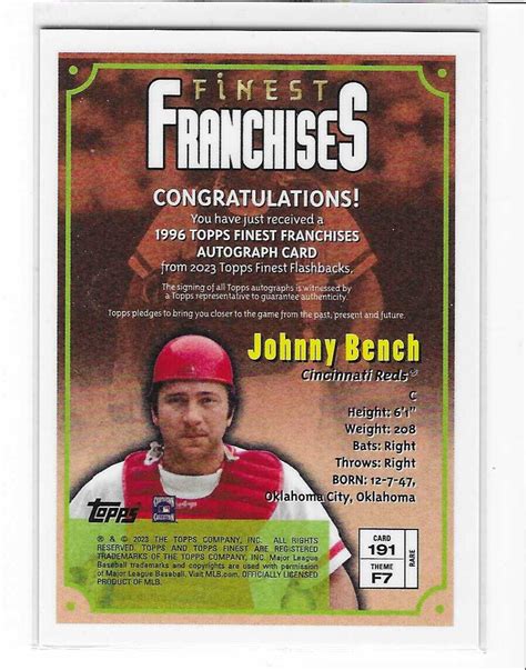 2023 Topps Finest Flashback Johnny Bench Franchises Gold Refractor Auto